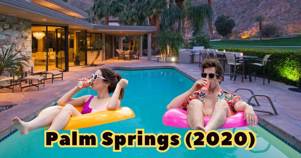 Nyles and Sarah in swimming pool Scene from Game night's similar movie Palm Springs (2020) 